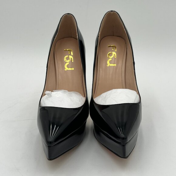 FSJ Black Platform Gold Metal Chain Chunky High Heel Pointed Toe Prom Pumps - Picture 3 of 6